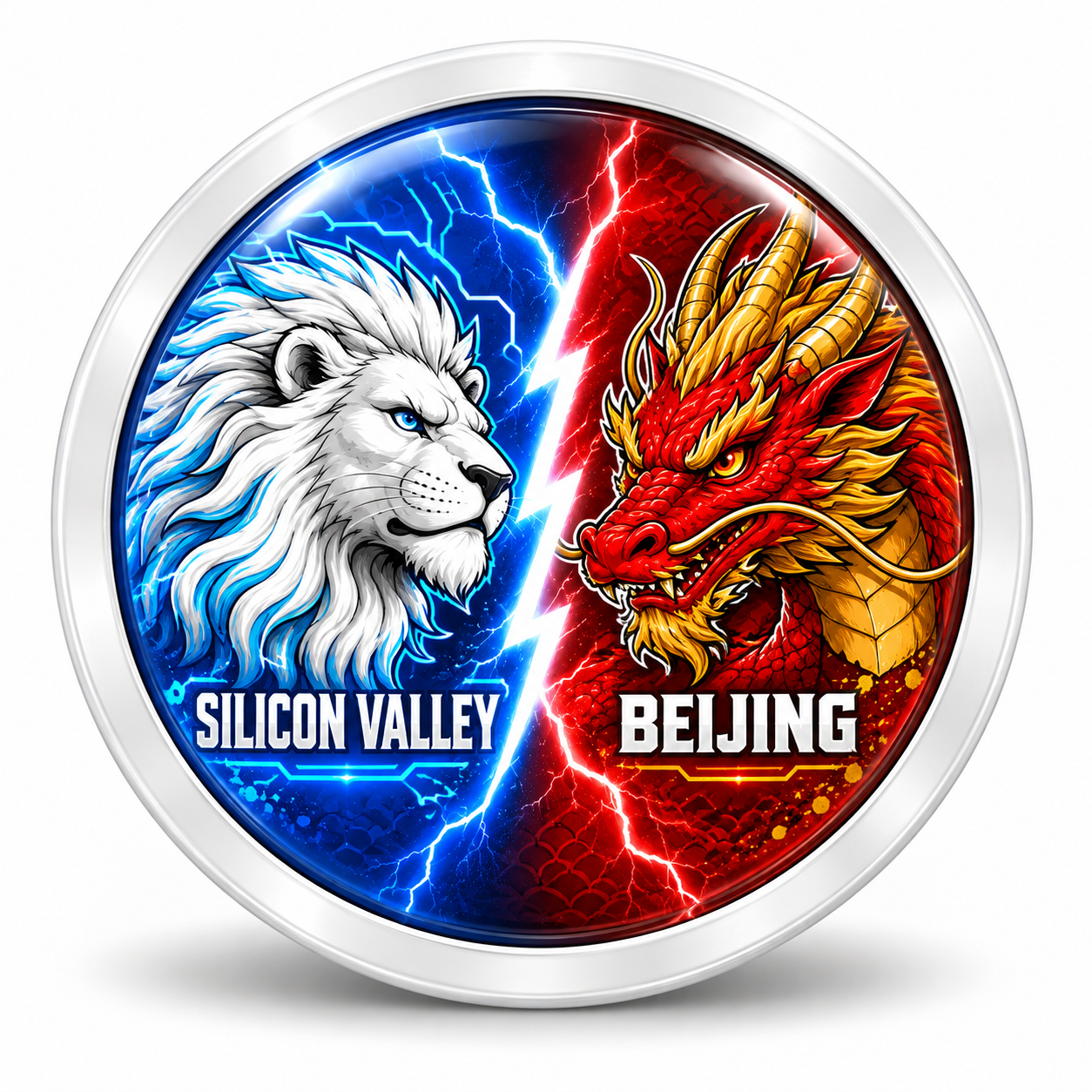 Silicon Valley versus Beijing Rodela badge with lion and dragon