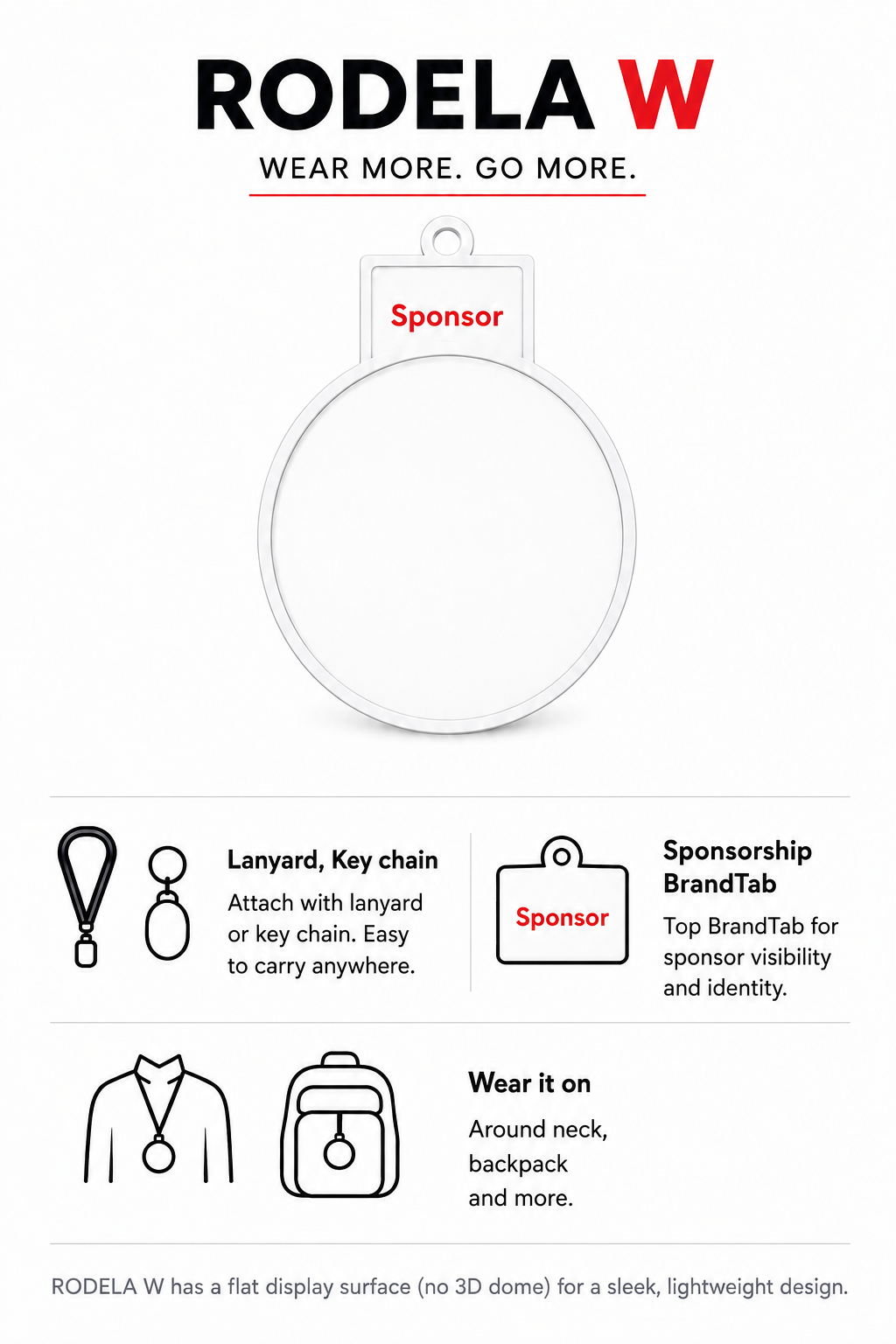 Rodela W flat LED badge with integrated BrandTab